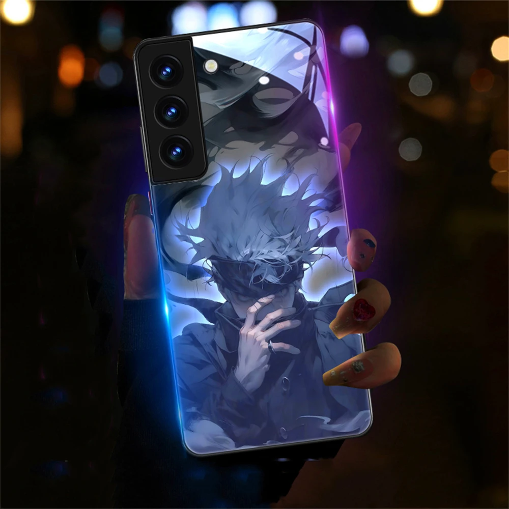 

Japanese Anime Jujutsu Smart LED Light Glow Tempered Glass Phone Case For Samsung A73 A72 A54 A53 A12 A14 S9 S10 Note 9 10