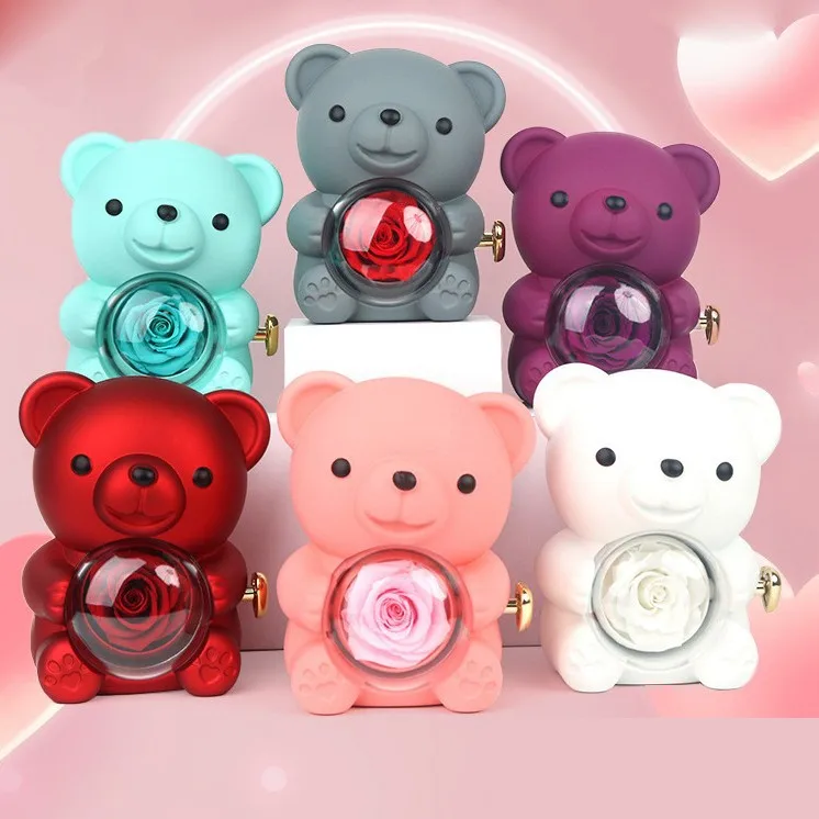 Luxury Rose Acrylic Spray Paint Bear Gift Box For Girlfriend Mom 2025 Valentine's Day Christmas Romantic Ornament Decoration Box