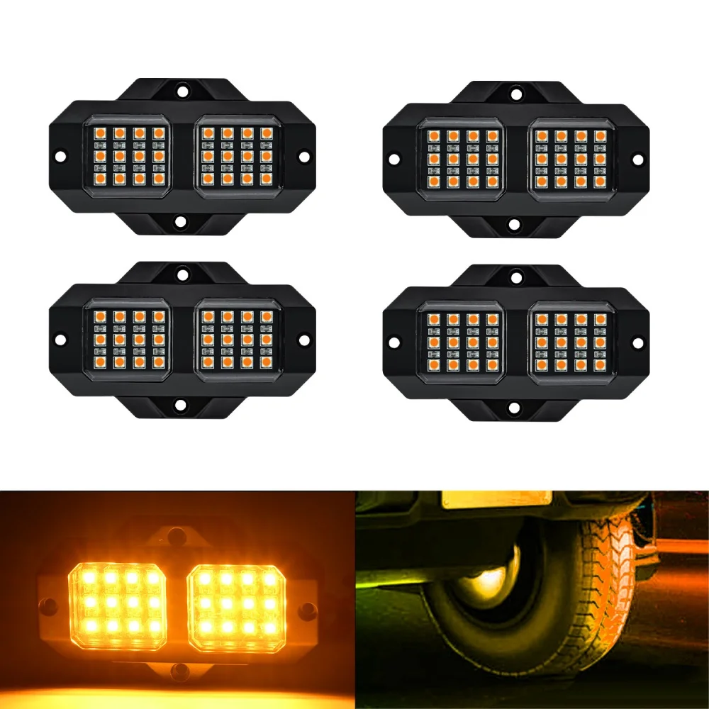 24LED Amber Rock Light, IP68 Waterproof DC 12V Shockproof Anti-Corrosion Easy Install, Car SUV ATV Offroad Under Glow Decor Lamp