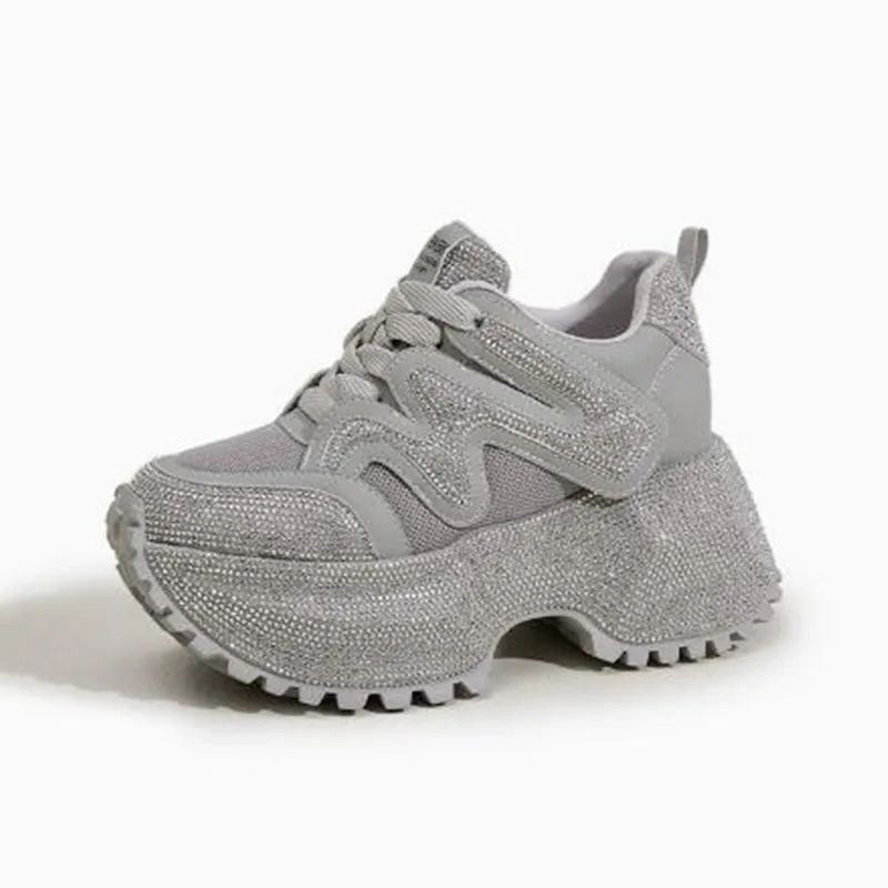9cm Air Mesh Microfiber Leather Fashion 2026 Summer Autumn Chunky Sneakers Lace Up High Brand Comfy Booties Bling Shoes Women