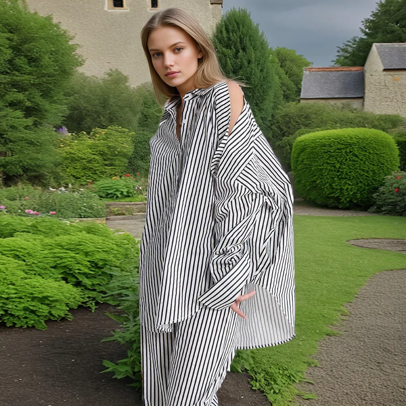 

Simple style new fashion niche slanted shoulder hollow striped straight pants shirt set luxury temperament elegant high-end holi