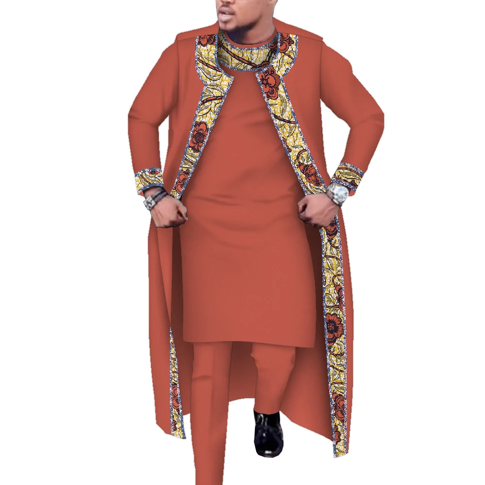 Conjunto de 3 uds. De bata larga, Tops y pantalones, trajes con estampado africano, bata larga de algodón, conjuntos de pantalones para fiesta, boda, ropa africana para hombres Wyn1555