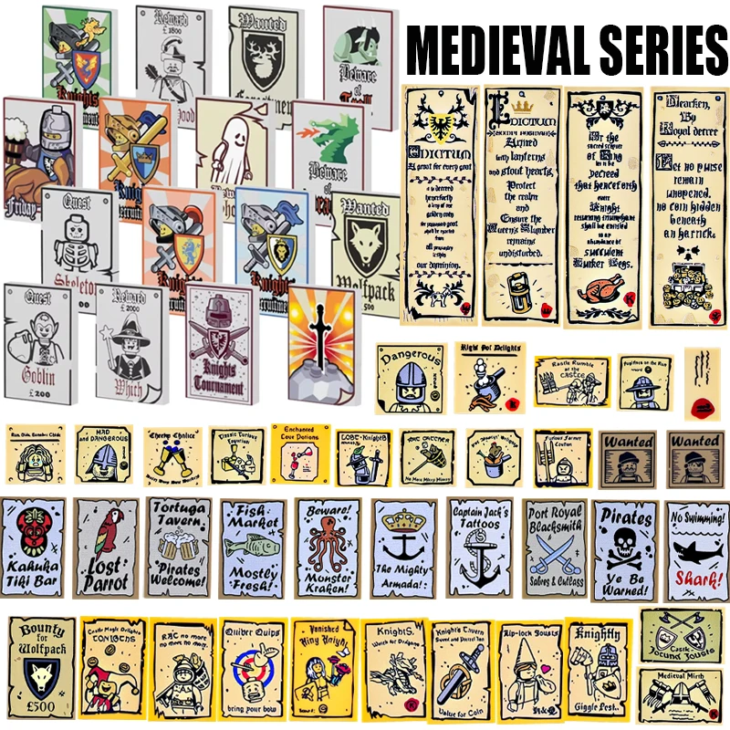 MOC Medieval Military Printed Series Building Blocks Street View Wolf Black Eagle Lion Knight Poster Accessories Bricks Toy Gift