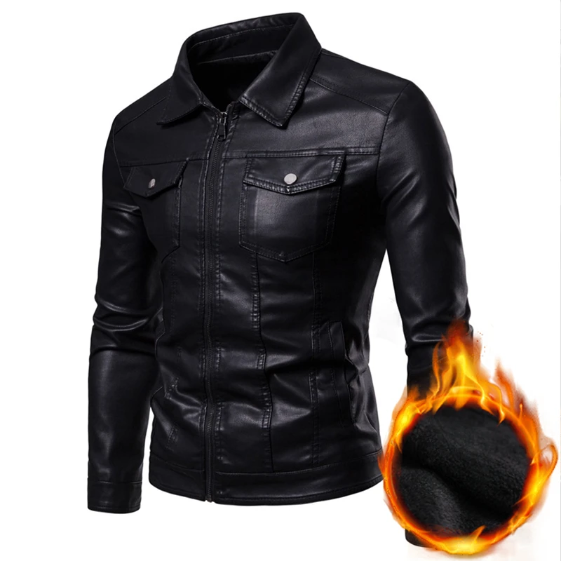 

Autumn Winter Cargo Leather Jacket Men Plus Velvet Warm Fashion Trend Casual Male Coat Versatile Top Clothing PU Locomotive New