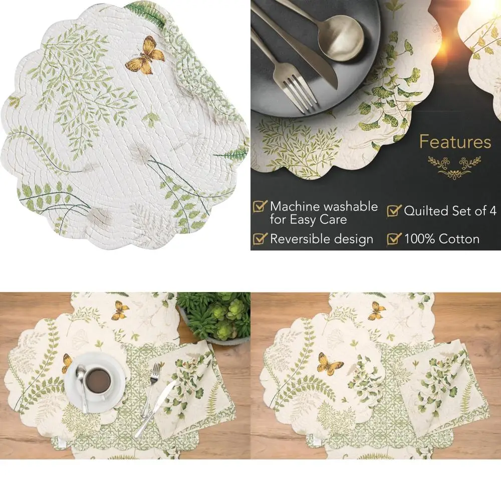 

C&F Home Althea Round Placemat, Set Of 4, 17'' X 17'' Spring Butterfly Plants Fern Green White Damask Cotton Quilted Placemat Ta