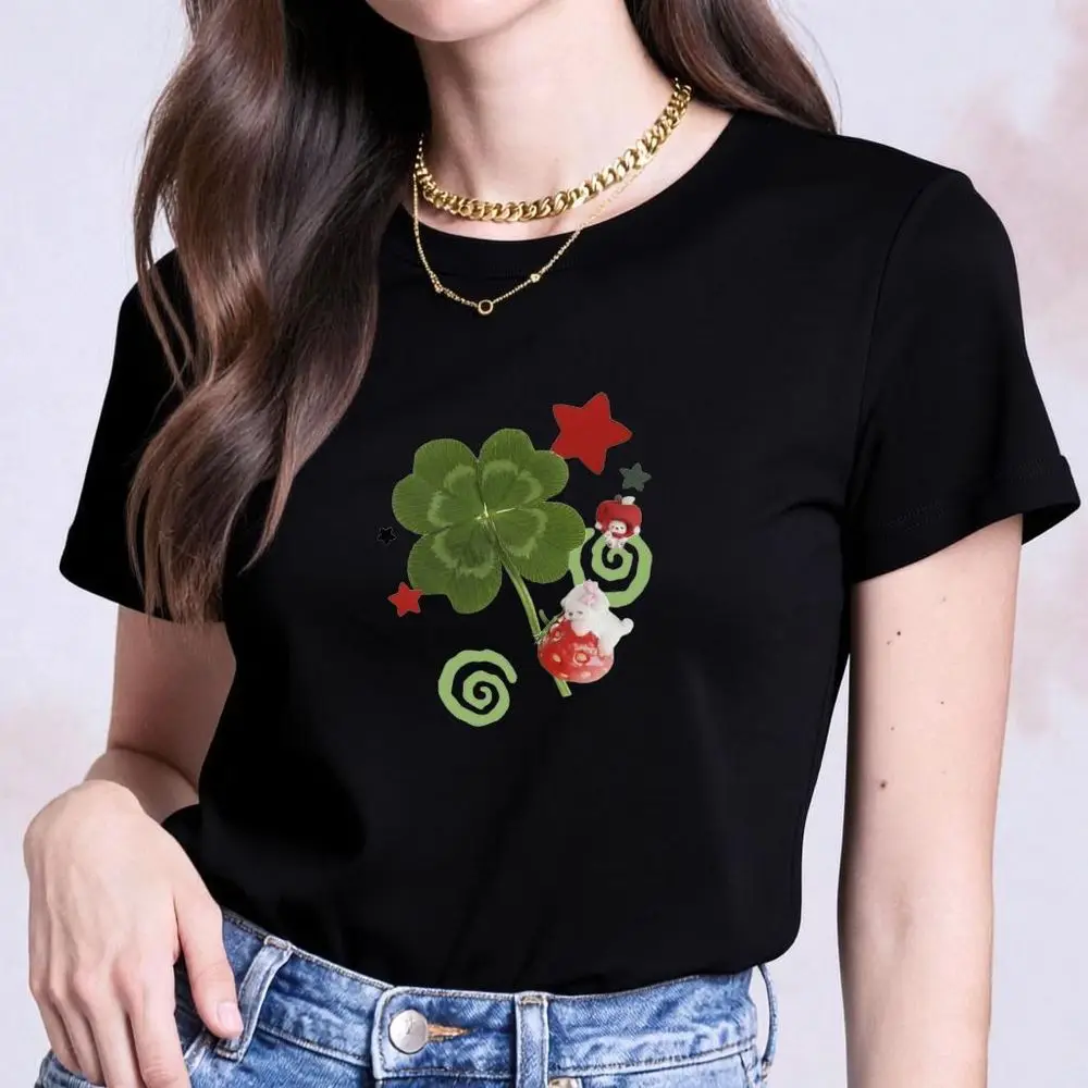 Cute Clover Mushroom Graphic T-Shirt Women Summer Short Sleeve Vintage Top Female Casual Fashion Harajuku Aesthetics Y2K Clothes
