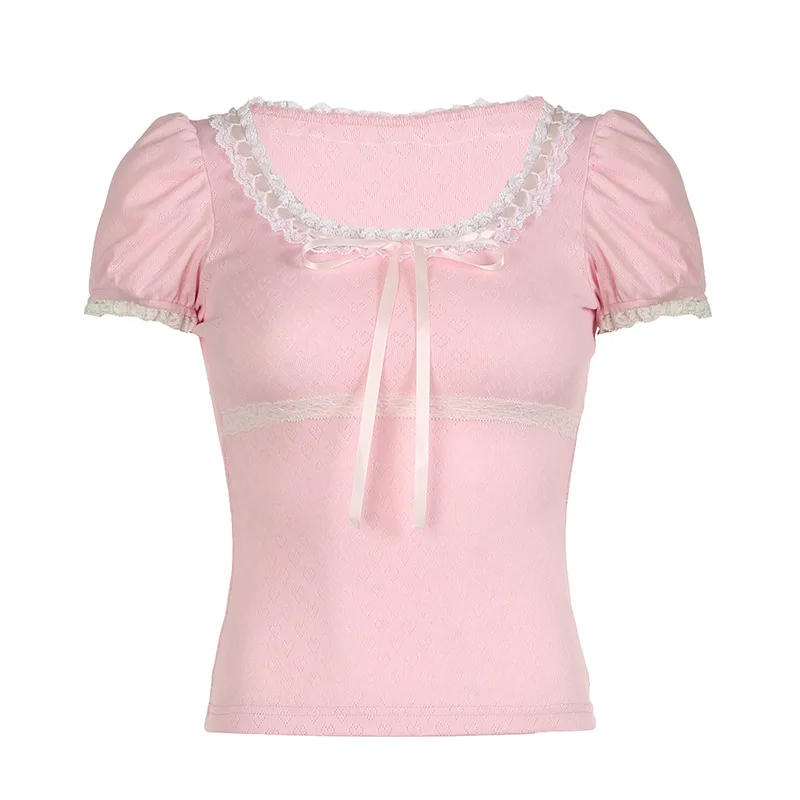 Pink Tops Tee for Sweet Girls Cute T-Shirt Women Lace Trim O-Neck Puff Sleeve TShirt Kawaii Clothes