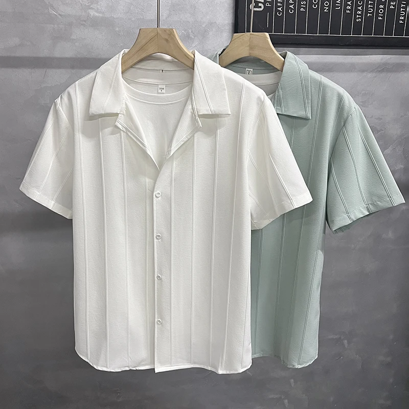 

Cuban Collar Casual Shirt Men's Loose Fit Short Sleeve Drapey Fabric Summer Shirt Thin Model Pure Color in Style for Youth