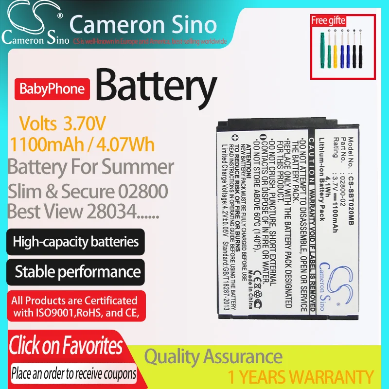 CameronSino Battery for Summer Baby Touch 02000 Slim & Secure 02800 Best View 28034 Fits 02800-02.BabyPhone Battery.