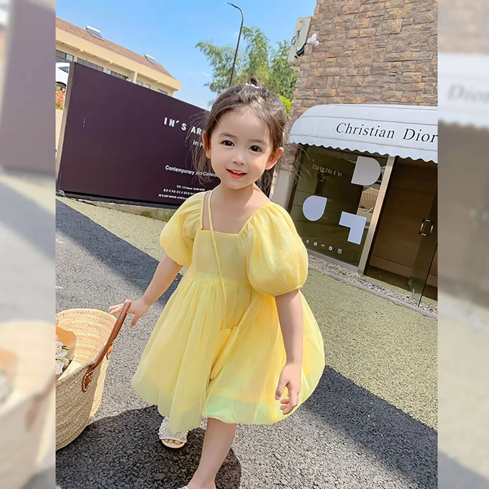 2021 Summer Kids Girls Puff Sleeve Dress Korean Stylish Baby Girls Shiny Yellow Tulle Fairy Princess Dresses Children Clothes