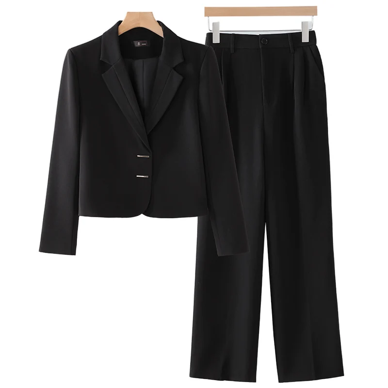 여성용 단색 투피스 세트, 한국 격식 있는 오피스 템퍼러먼트, 짧은 블레이저 탑 및 하이웨이스트 와이드 레그 플리츠 팬츠 세트, 2024