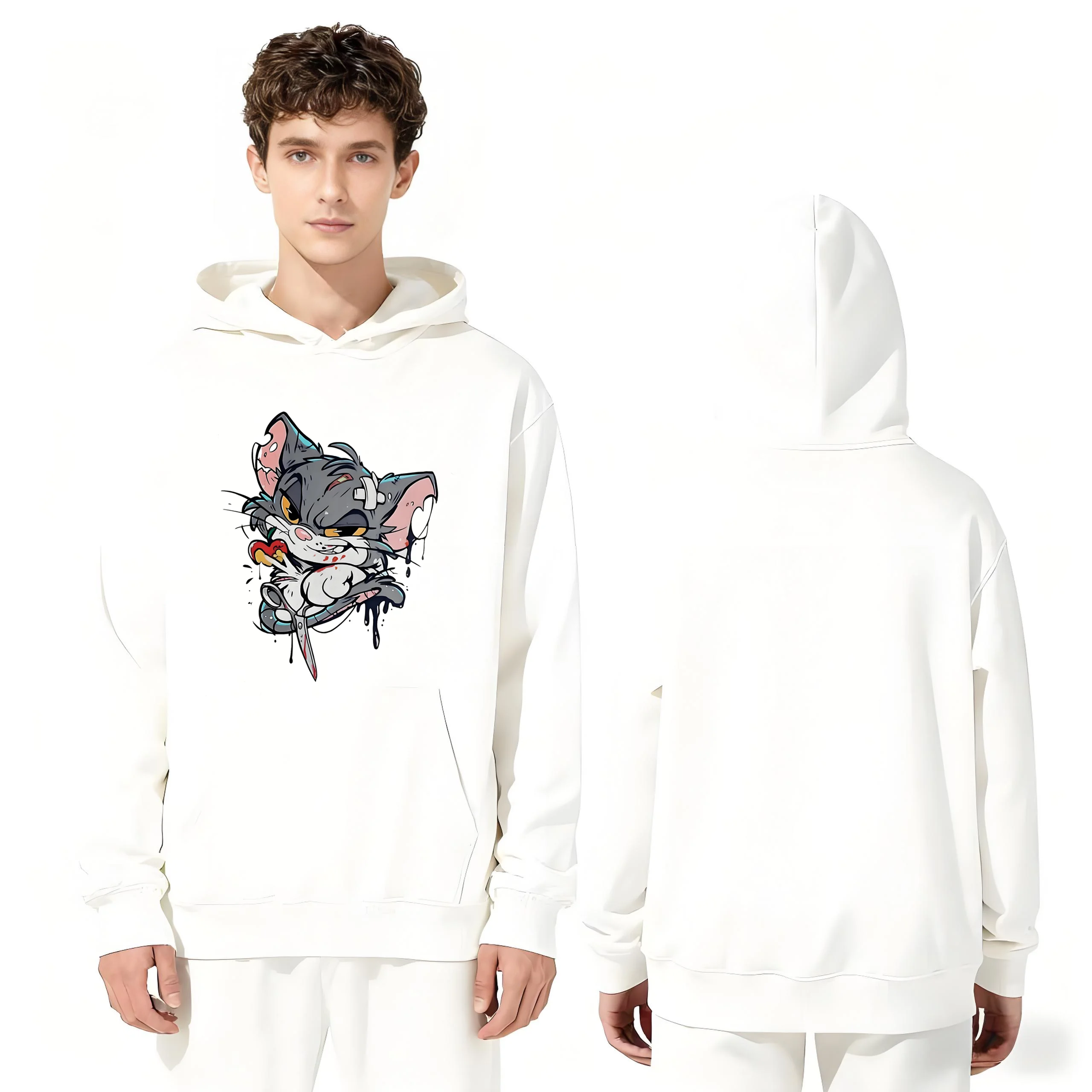 

Новинка 2025 года, 330 г, тяжелая толстовка с забавным котом и принтом ножей, удобная повседневная толстовка унисекс, уличная одежда для мужчин и женщин