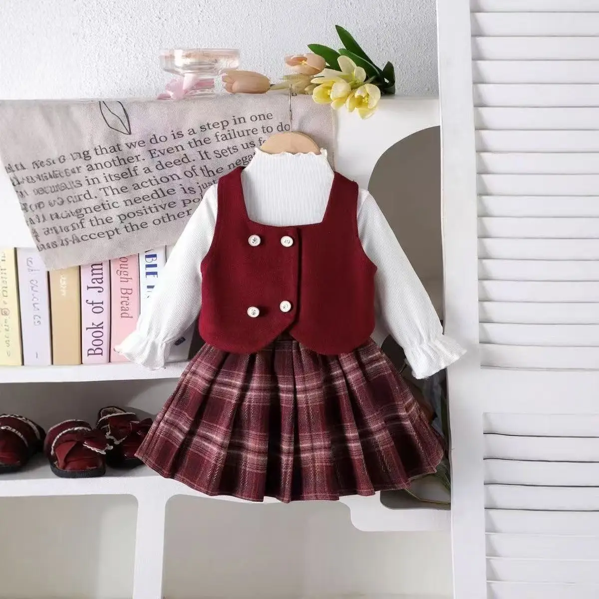 

Kids Girls' New Winter Academic Style Bow Waistcoat Cardigan & Tartan Skirt Two-Piece Children's Set Waistcoat + skirt