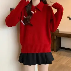 Autumn Winter Red Sweater Women 2024 New Year Christmas Unique Top New Chinese Style Warm Festive Turn-down Collar Trend Fashion