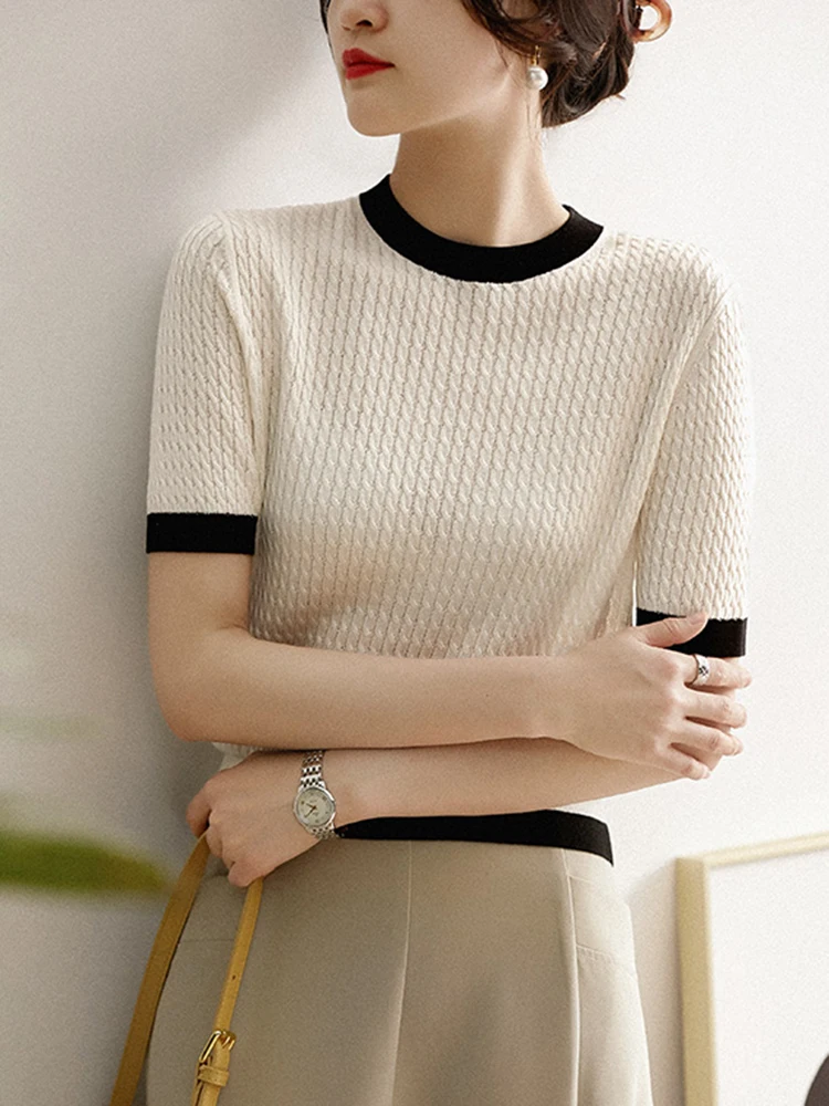 2024 Spring Summer New Short-sleeved Tshirt Women O-neck Contrast Color Top Pullover T-shirt Knitted Casual Clothes T Shirts