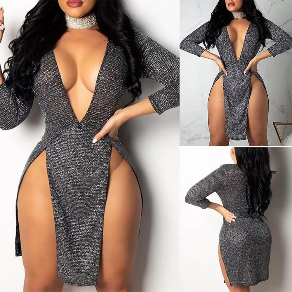 Sexy deep V-neck low-cut Bodycon dress Elegant long sleeve mini dress for women club party