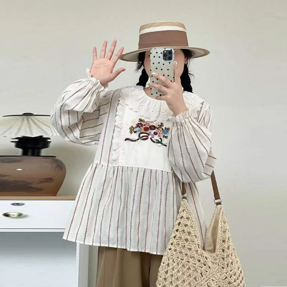 

Japanese Mori Girl Vintage Striped Floral Embroidery Cotton Shirts Women Spring Ruffled Collar Long Sleeve Casual Loose Blouse