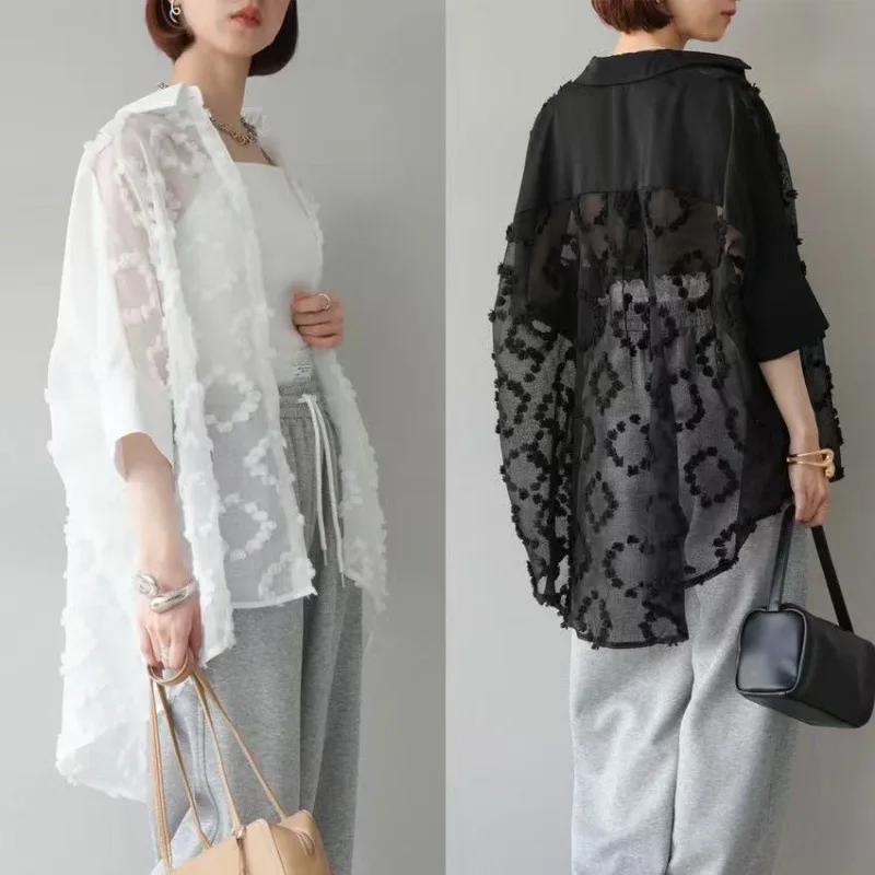 

Embroidered Loose Sun Resistant Lace Top For Women Fashionable Casual Women's Shirt Рубашка Оверсайз Блузка