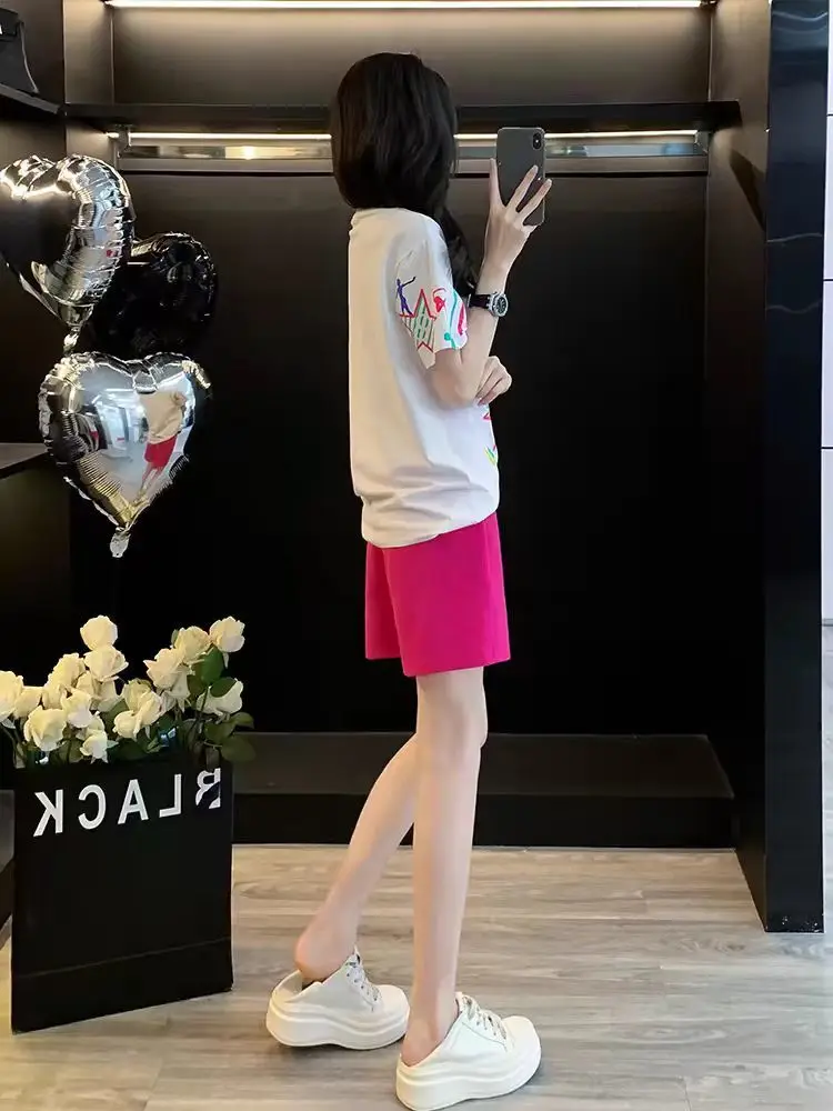 بدلة رياضية صيفية بتصميم مطبوع للنساء، طقم شورت جديد بأكمام قصيرة مكون من قطعتين لجعل أن يبدو نحيفًا وغير رسميًا