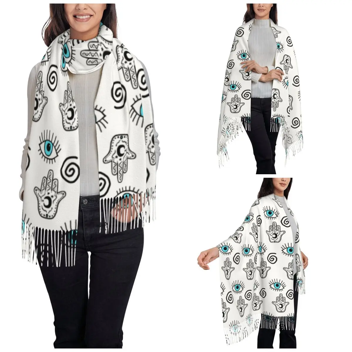 Evil Eye Hamsa Symbol Of Protection Shawl Wrap Womens Winter Warm Long Soft Scarf Hamsa Hand Bohemian Pashmina Tassel Scarves