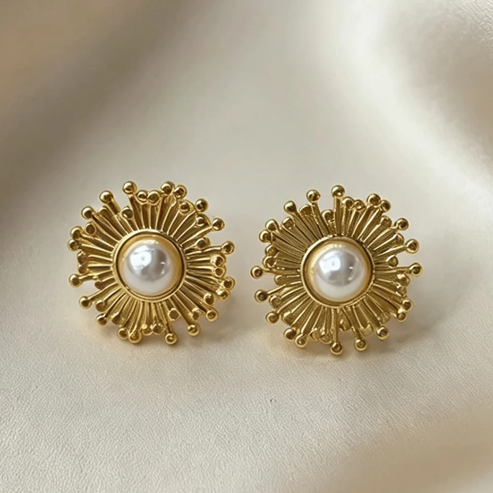 New French Elegant Gold Color Bean Spliced Flat Pearl Earrings for Korean Fashion Jewelry Party Women's Sweet Accessories