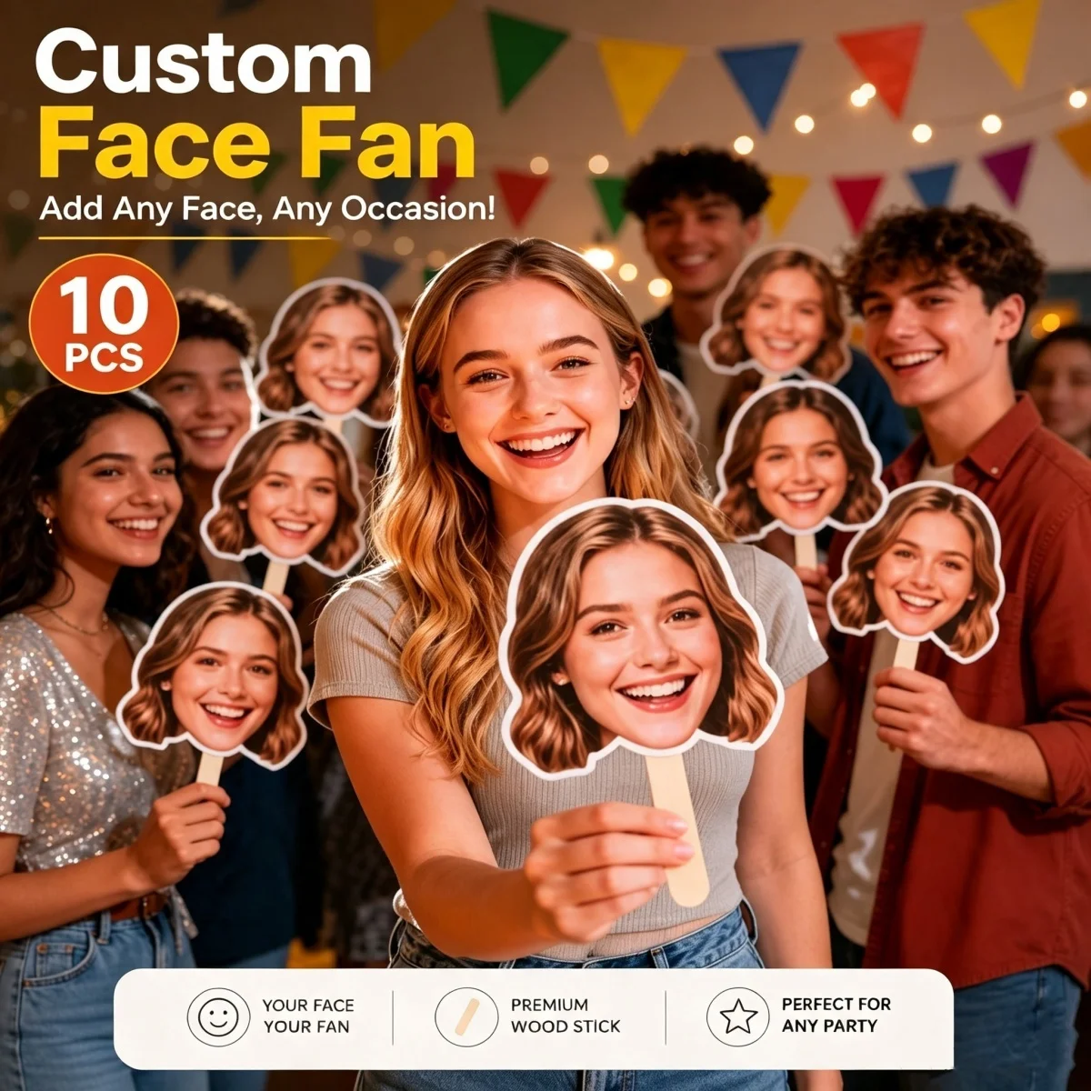 Custom photo-print portrait fans—perfect for weddings, birthdays, parties, and photo booth props; high-quality printing.