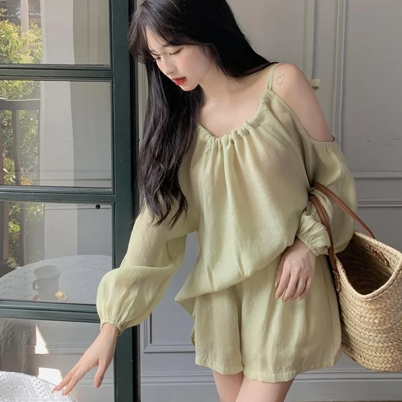 Sets Women Preppy Style Holiday Casual Stylish Chic Summer Sweet Basic Clothing Off-shoulder Blouses Pure Baggy Shorts 2 Pieces