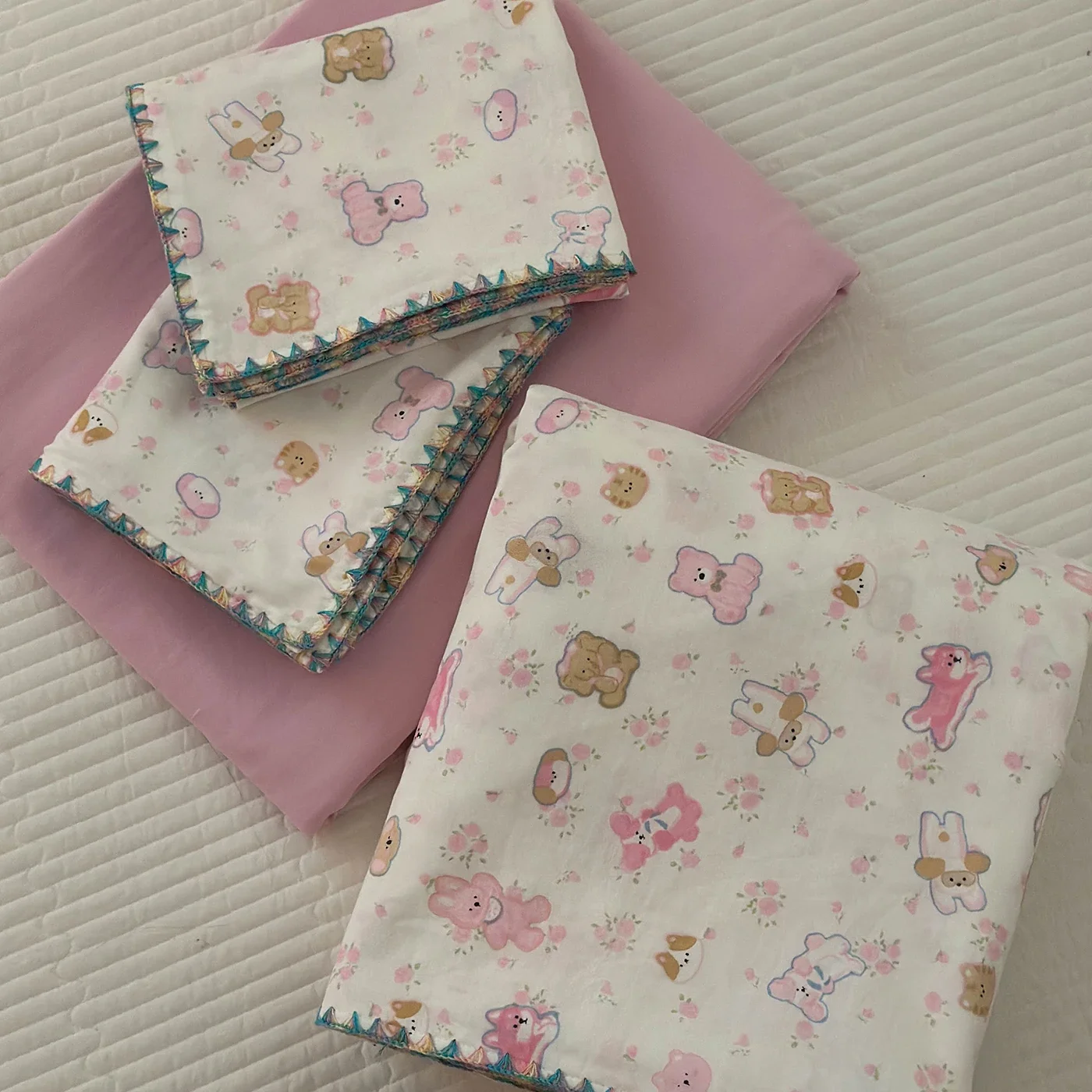 

ins girl heart, bunny, cotton, double layer, yarn pure cotton, four piece set, bed sheet, quilt cover.