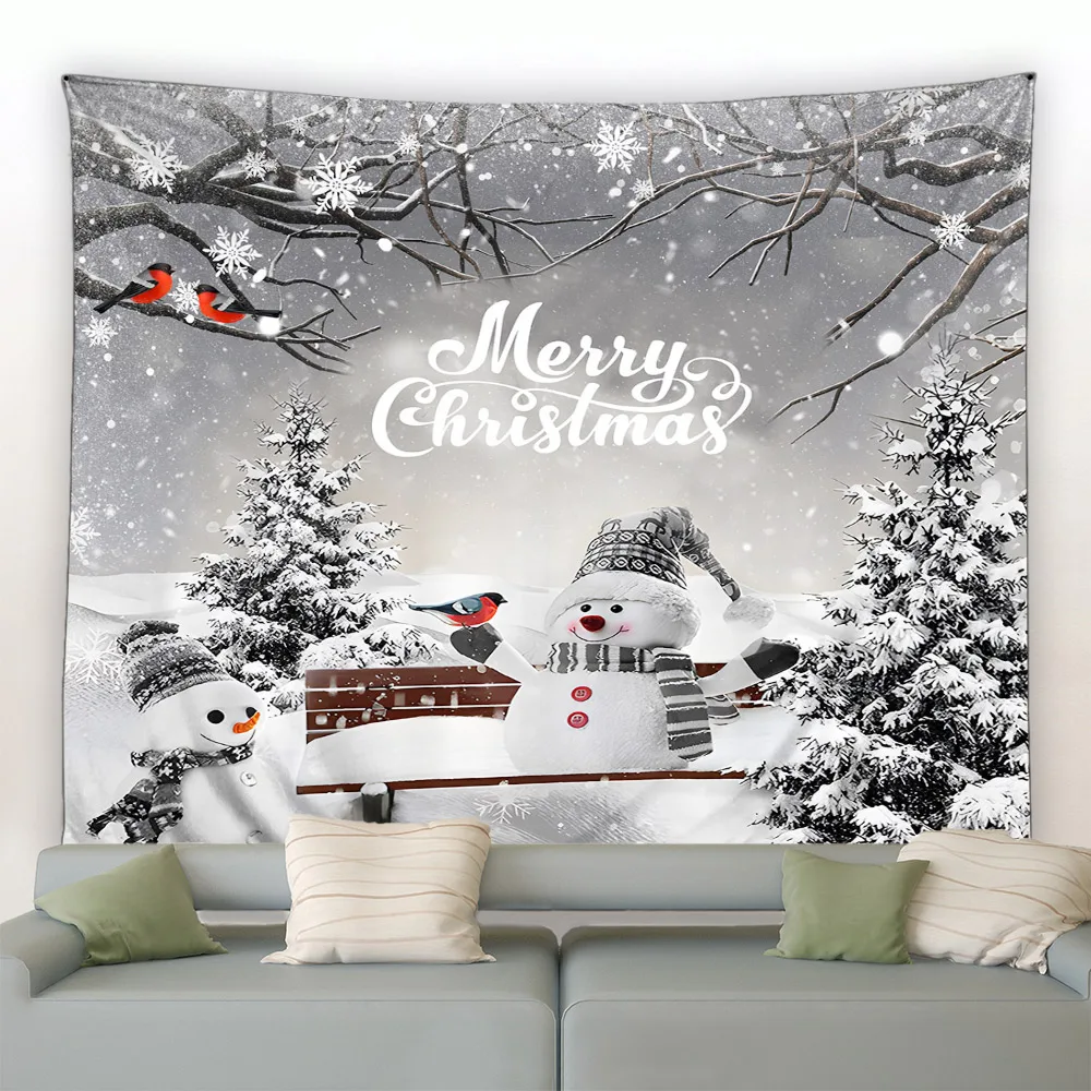 Snowman Christmas Tapestry Winter Pine Tree Snowflake Birds Forest Park Landscape Xmas Wall Hanging Home Living Room Decor Mural