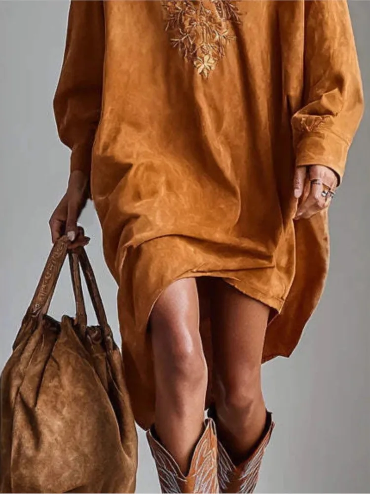 Autumn New Heavy Industry Embroidery Pullover Dress Women's Fashion Loose Casual Solid Color V-neck Long-sleeved Shirt Skirt