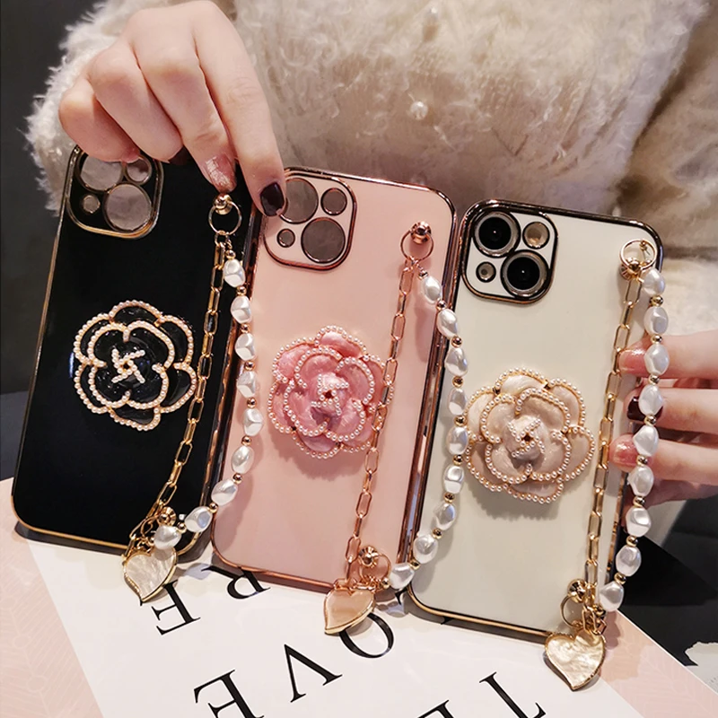 Pearl Strap Flower Phone Case for IPhone15 14 Pro Max 13 12 Mini 11 XS XR X 8 Plus Soft Cover Camera Protection Fundas for Girls