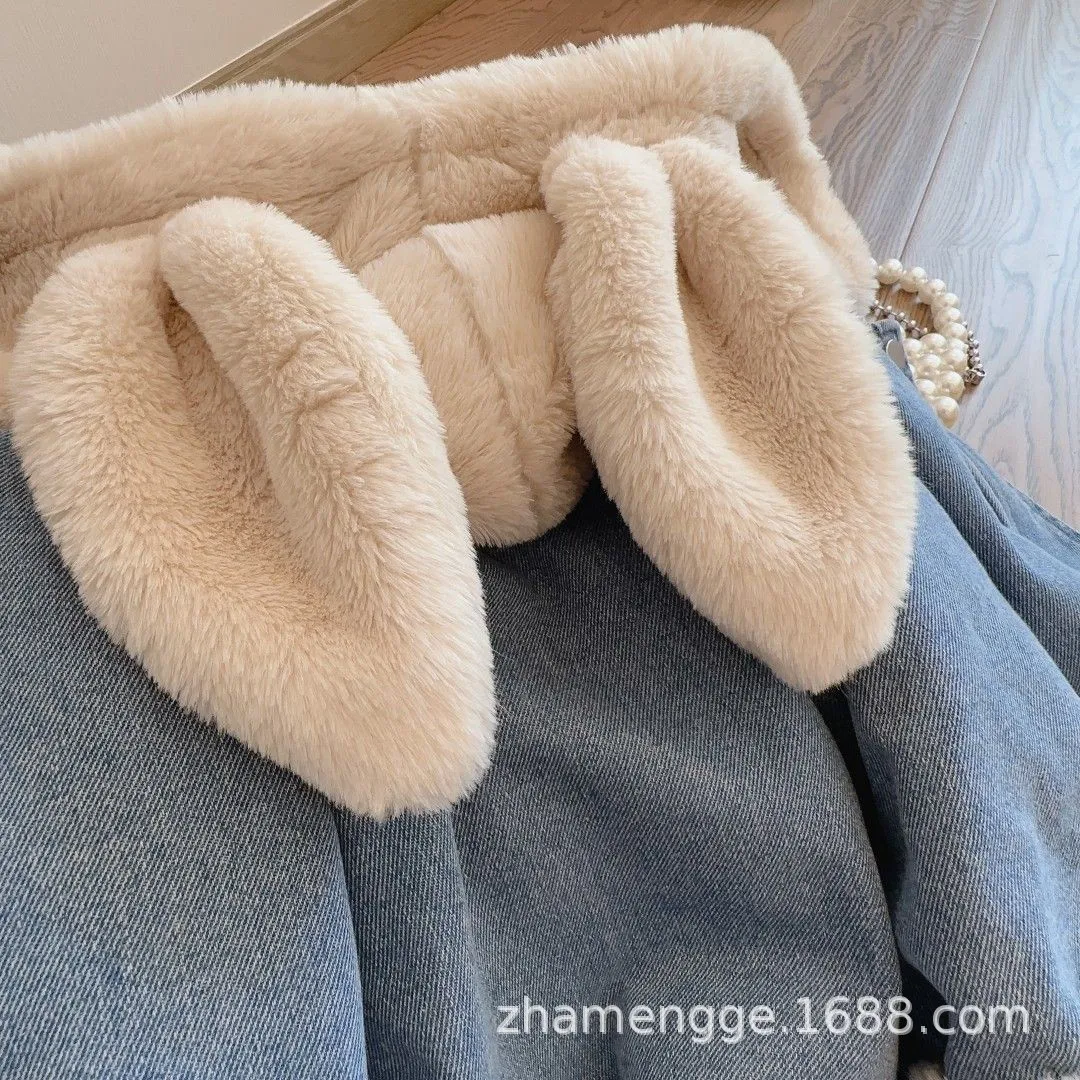 Winter Neue Mädchen-Jeansjacke mit Cartoon-Kaninchenmuster, Patchwork-Futter, Lammwolle, dicker Kapuzenmantel für Kinder von 2-8 Jahren, warme Oberbekleidung – Detail 7