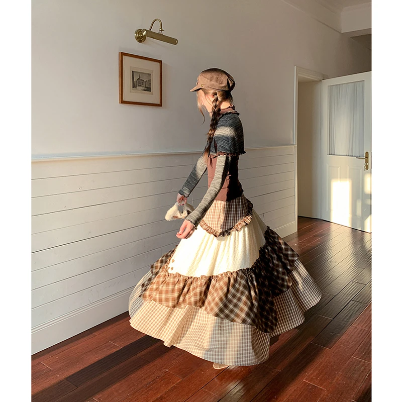 New Arrival Autumn/winter Women Loose Casual A-line Skirt Plaid Patchwork Asymmetry Pleated Design Ankle-length Long Skirts T258