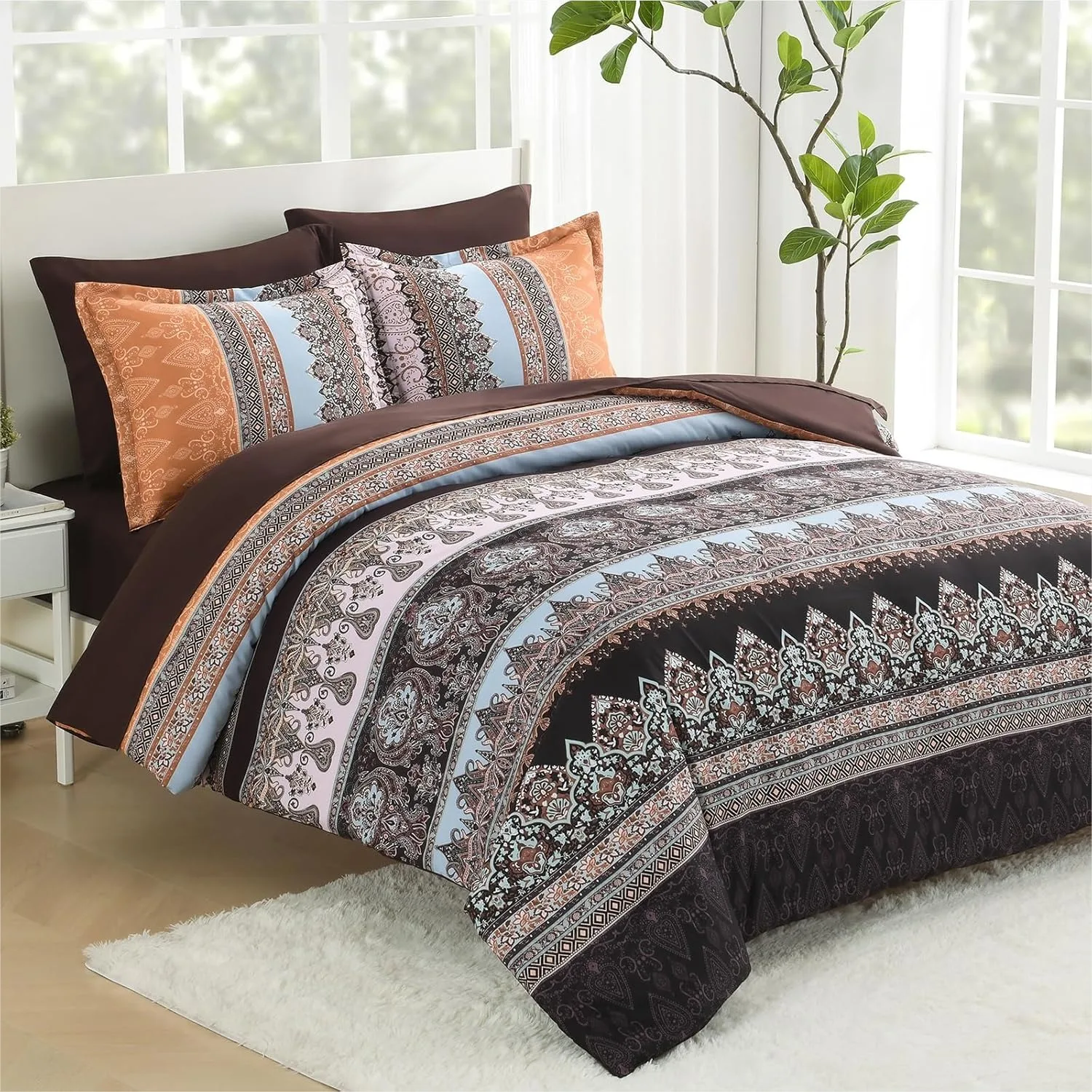 

King Size Boho Comforter Set 7 Pieces Bed in a Bag Reversible Striped Bedding with Sheets Soft Microfiber Brown Orange Teal