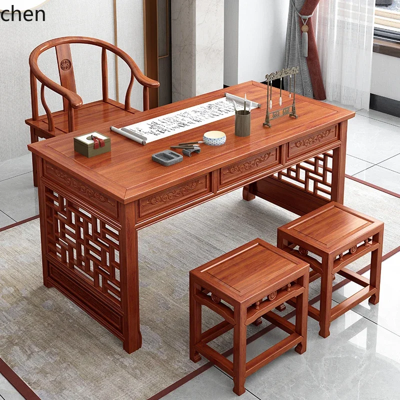 Biurko z litego drewna, chińskie rzeźbione biurko do pisania, stół do nauki, stół komputerowy z miejscem do przechowywania