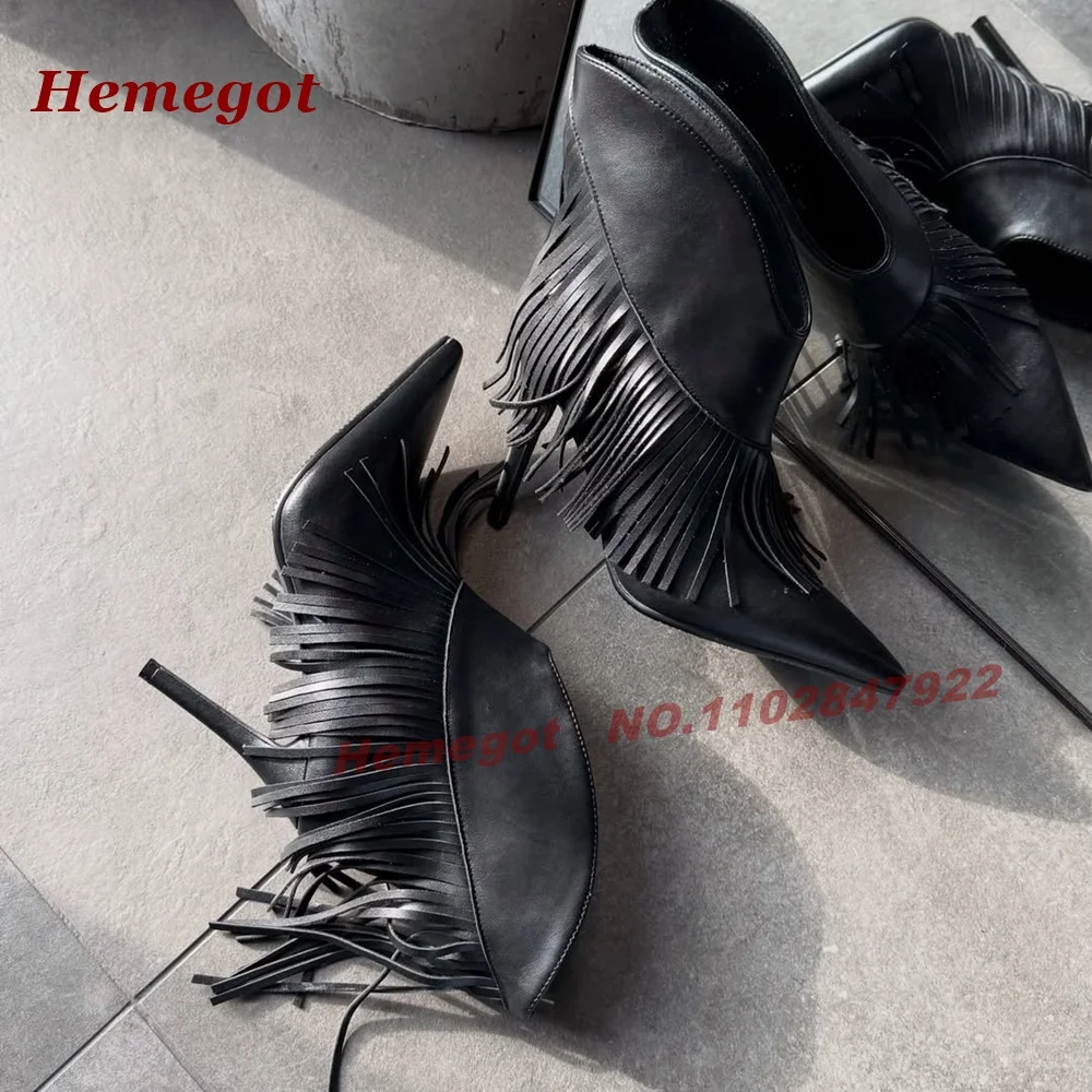 Black Tassel Stiletto Heels Ankle Boots Pointed Toe Slip On Fringe Women's Short Booties Solid Leather Concise Shoes Warm Sexy
