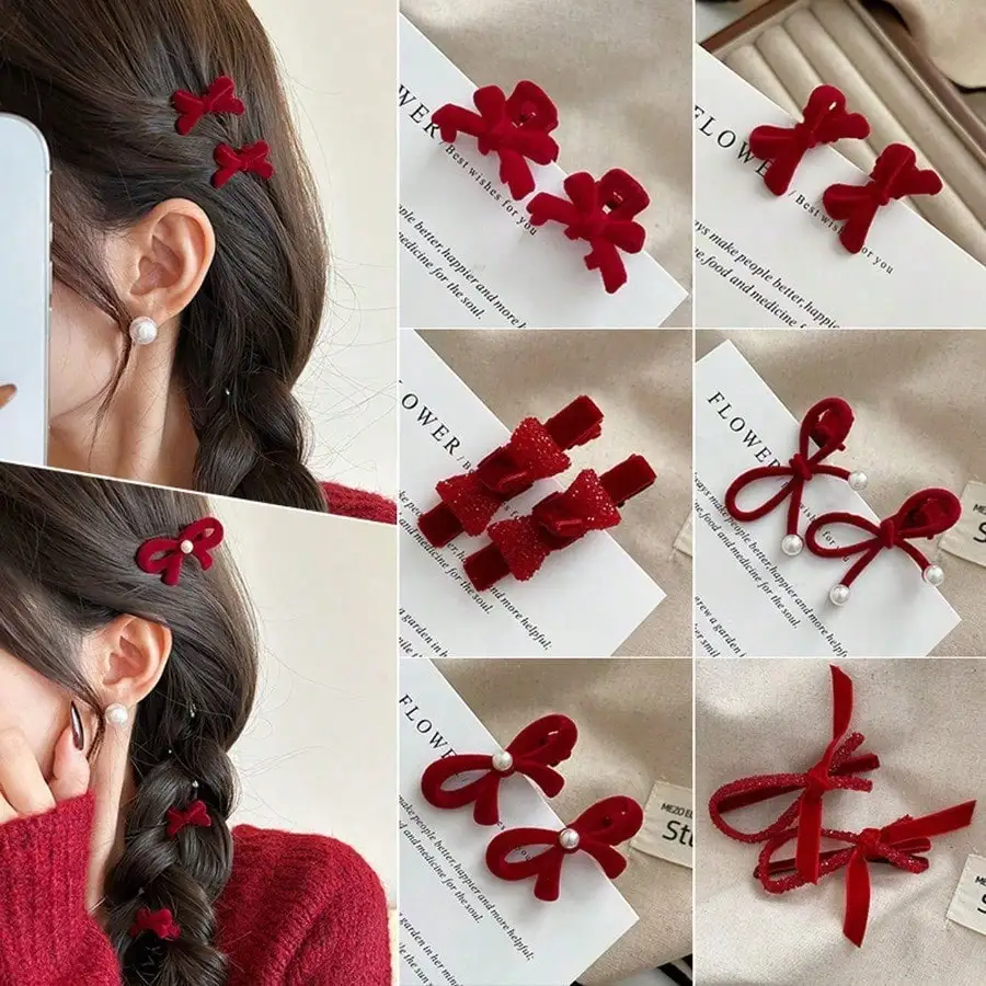 

Women Red Velvet Bow Hair Clip Pearl Decor Metal Hairpin Vintage Year Party Daily Wear Gift ﻿