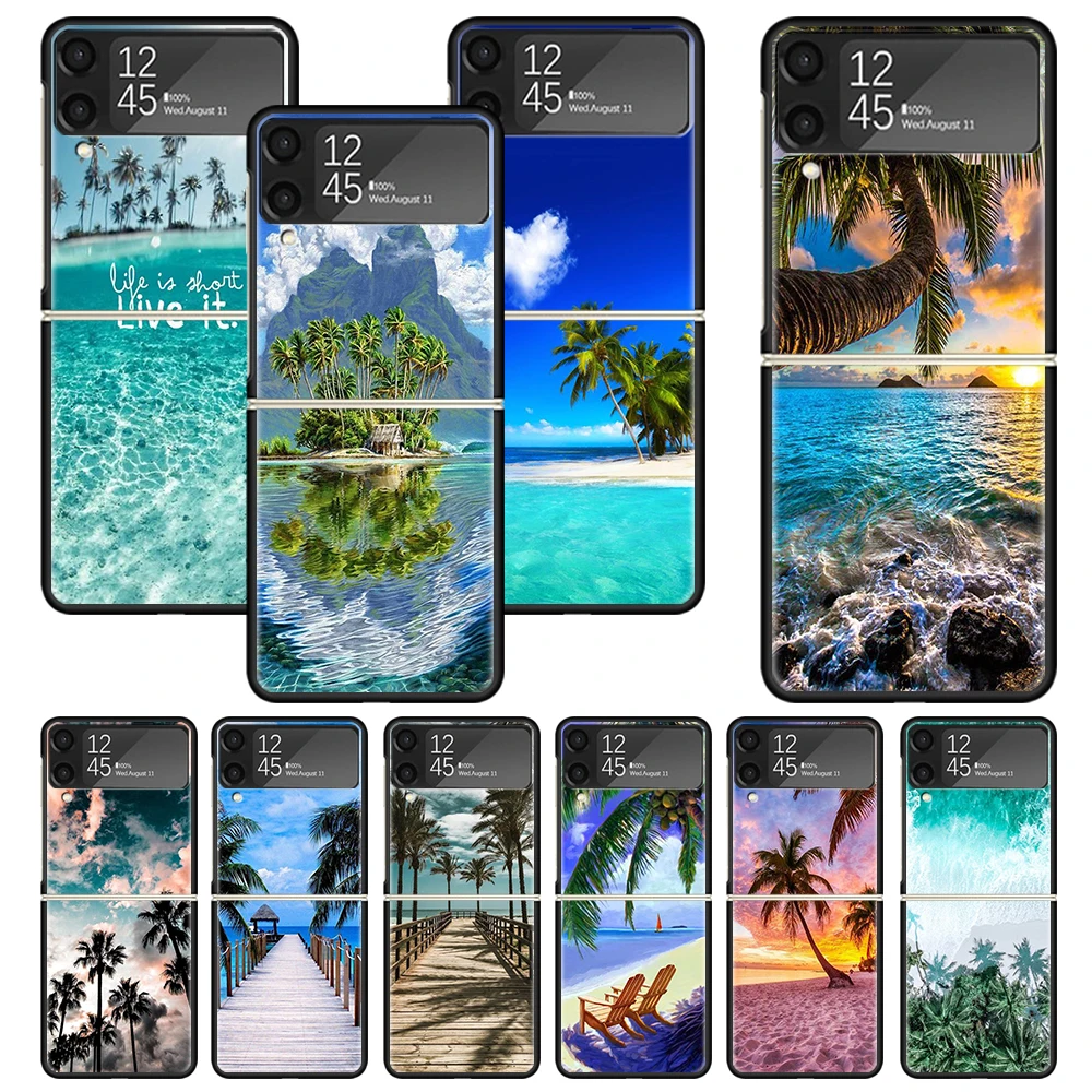 Summer Beach Sunset Sea Palm Tree Print Case For Samsung Galaxy Z Flip 3 4 5 5G Black Hard Cell Phone Shell ZFlip3 Flip4 Flip5 P