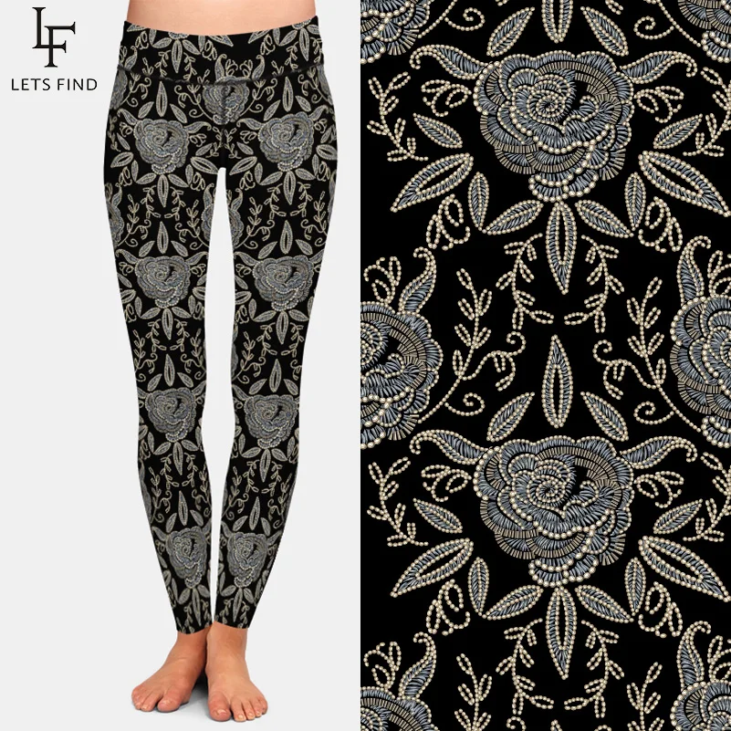 LETSFIND Super Soft Milk Silk Imitation of Embroidery Print Fashion Women Leggings High Waist  Workout Leggings