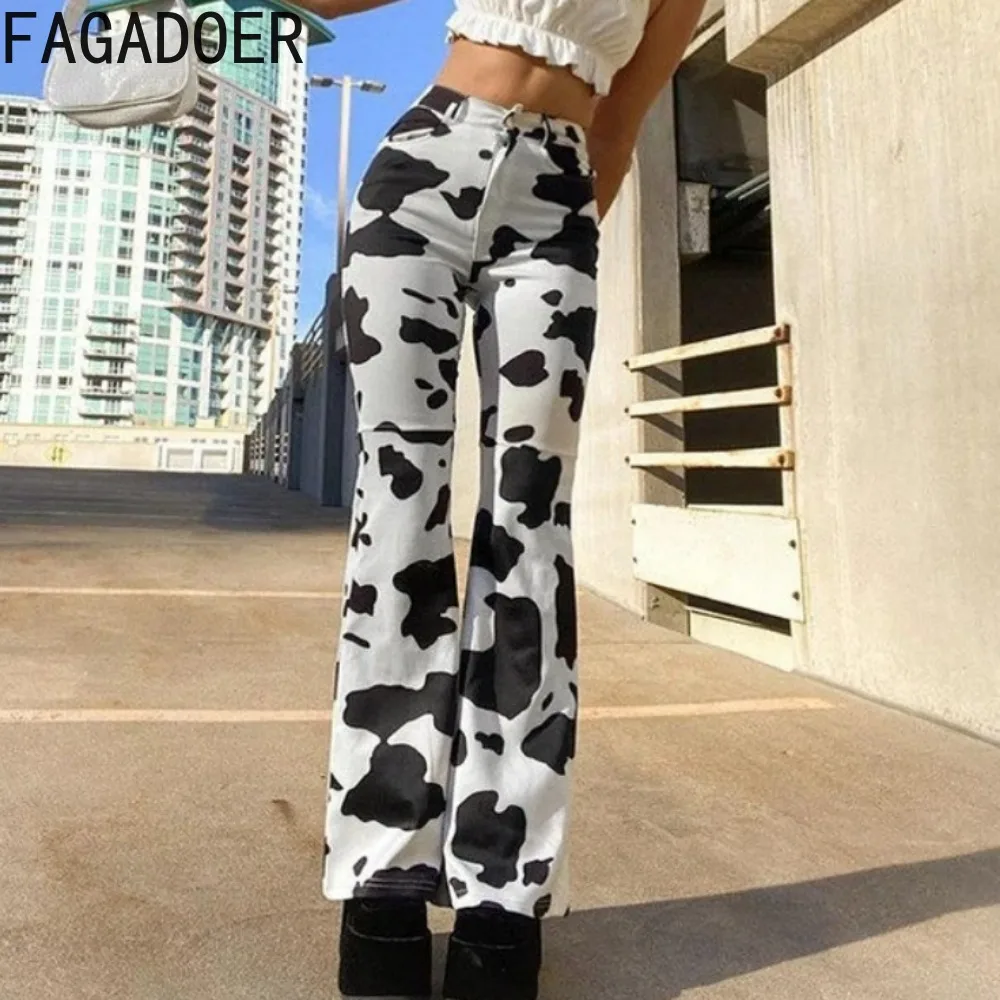 

FAGADOER Fashion Milk Printing Skinny Denim Pants Women High Waisted Button Flared Pants Jean Casual Female Slim Cowboy Bottoms