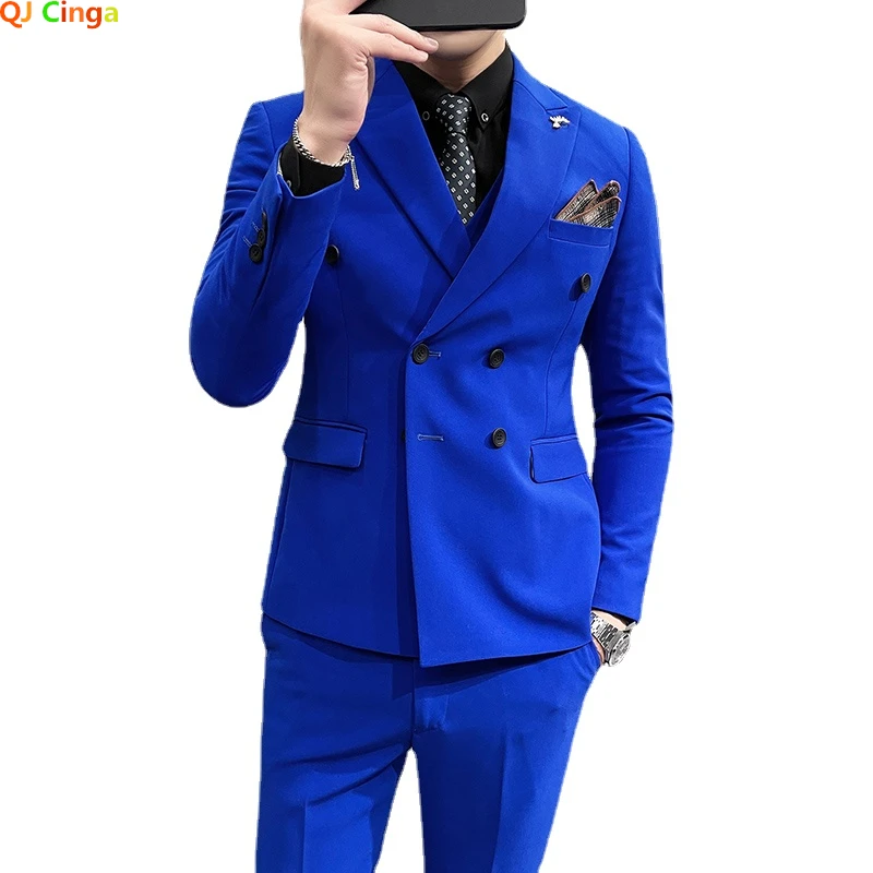 Spring Royal Blue Double Breasted Men\'s Suit 2 Pieces, Stylish Trim Men Suit Jacket and Trousers White purple black