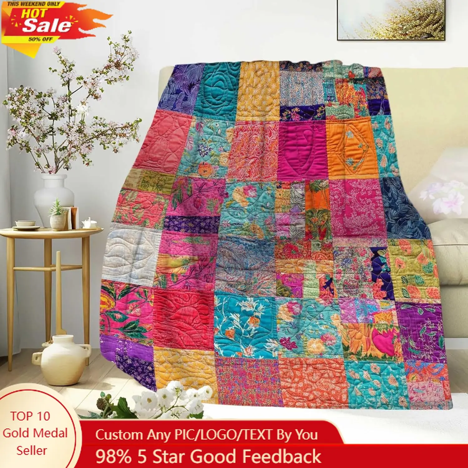 

Colorful Printed Patchwork Throw Blanket Cozy Throw for Men Women Artistic Decor for Couch Sofa or Bed Custom blankets