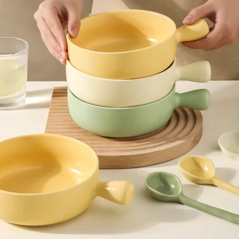 

LMM Ceramic Handle Bowl Household Baking Bowl with Handle Fruit Salad Breakfast Oatmeal