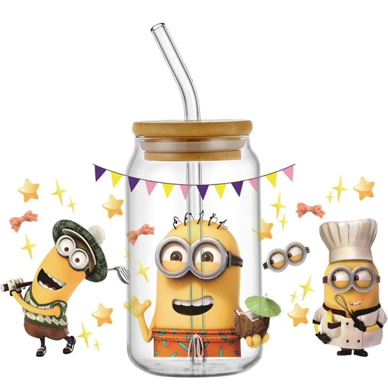 Miniso Adesivo Dos Desenhos Animados para Vidro, 3D, Amarelo, Minions Boy, UV, DTF Cup Wraps, Transferências Adesivo em Transferência, Vidro Pode Envoltórios, 16oz Libbey