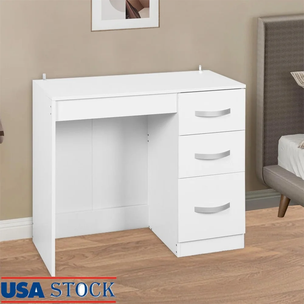 

Wooden Desk with 3 Locking Drawers Multifunctional Study Writing Workstation Home Office Vanity Table Durable Construction