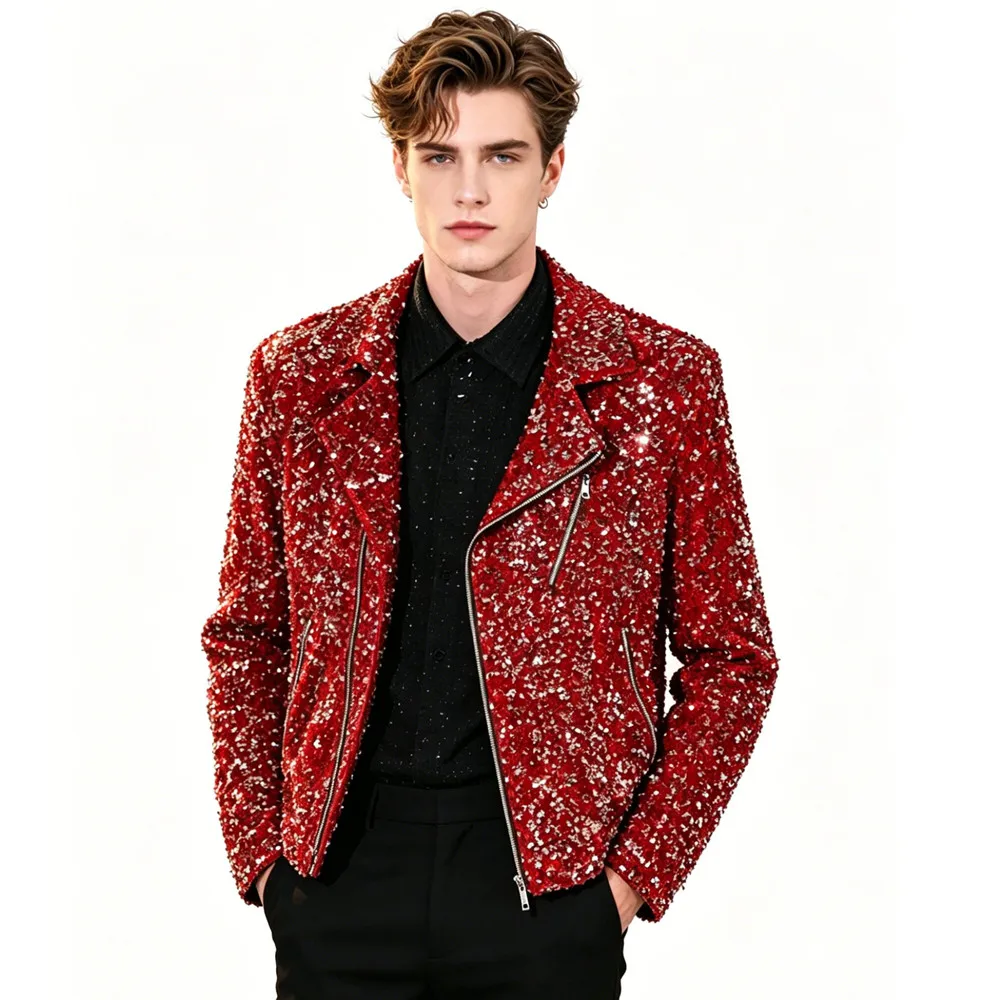 High Quality Men's Velvet Sequins Jacket Fashion Loose Casual Zipper Coat Male Singer Bar Concert Model Catwalk Stage Costume