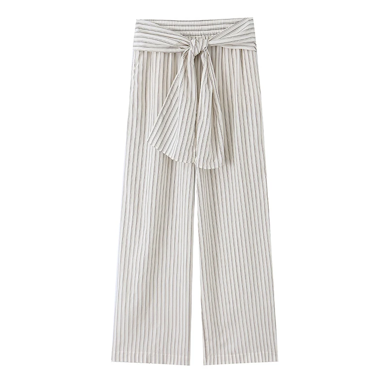 New 2026 Women Striped Wide Leg Pants High Waist With Tied Scarf Casual Summer Trousers