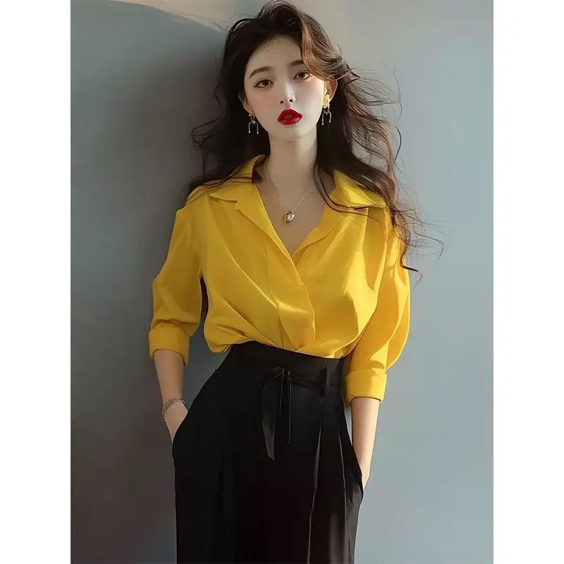 สไตล์ฝรั่งเศสหรูหราสีเหลืองเสื้อแขนยาวฤดูใบไม้ผลิฤดูใบไม้ร่วงลําลองเดินทางหลวมSlimming Topsเสื้อผ้าแฟชั่นสําหรับผู้หญิง