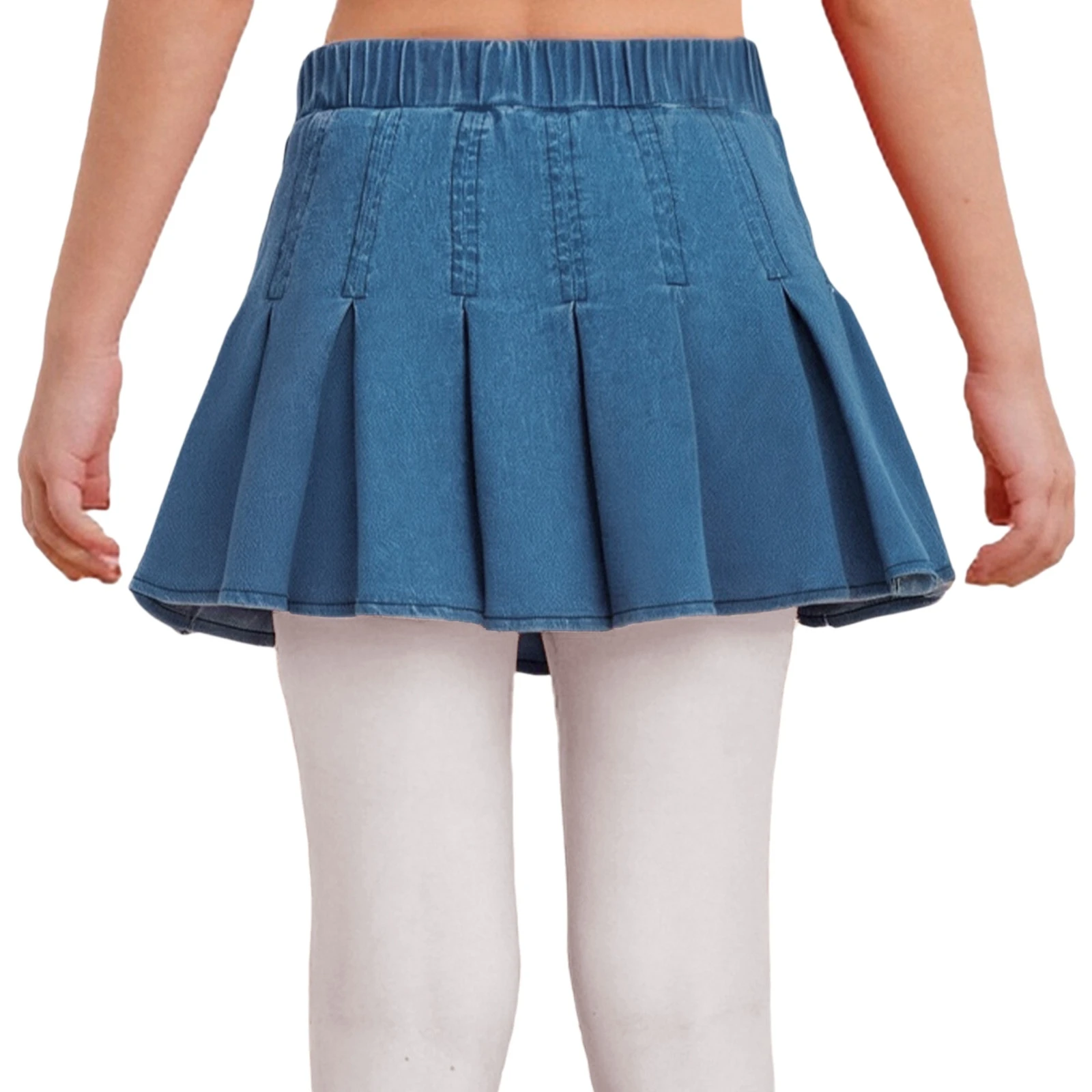 تنورة مطوية من قماش الدنيم للفتيات الصغيرات، تنورة قصيرة كاجوال عالية الخصر بحزام مطاطي على شكل حرف A لقضاء العطلات وحفلات أعياد الميلاد والعطلات على الشاطئ #4