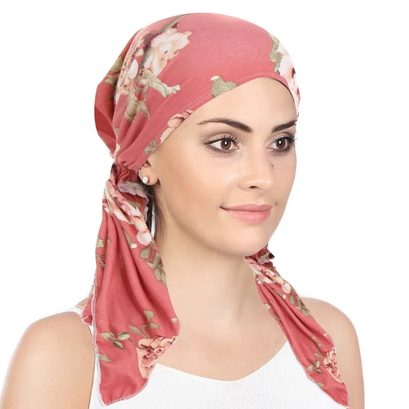 2022 New Muslim Women Soft Turban Hat Pre-Tied Head Scarf Printed Ladiess Cotton Chemo Cap Inner Hijabs Hair Accessories